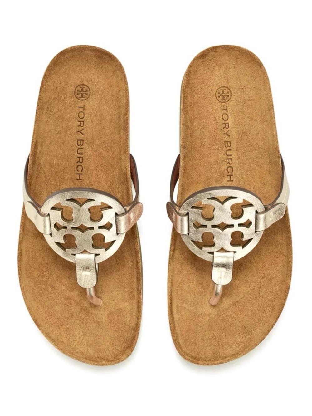 Tory Burch Metallic Silver Logo Cork Wedge Thong Sandals - Picture 4 of 12